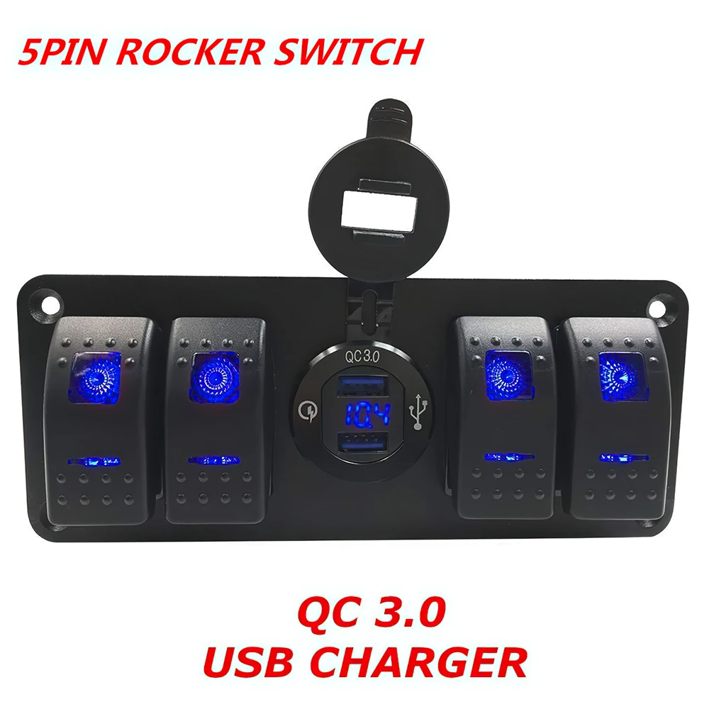 5 In 1 Aluminum 4 Gang Blue Led Rocker Switch + Dual USB Fast Charger Sockets Panel Pre Wired + Stickers for Car Boat Bus Truck