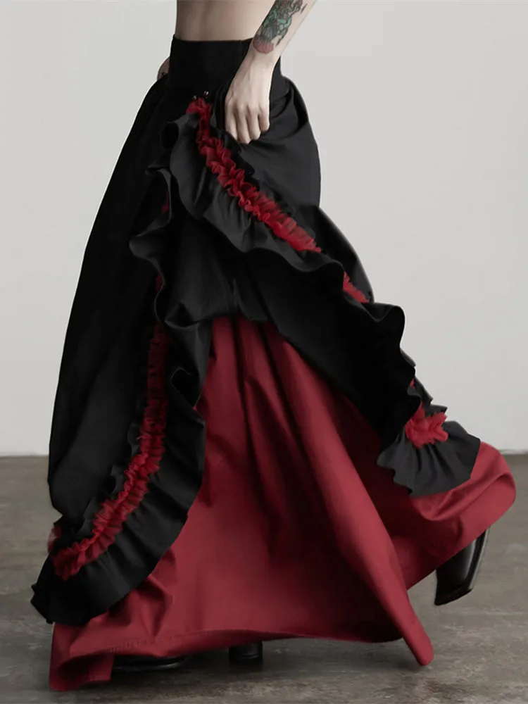 64-71cm Elastci Waist Autumn Black Long Skirt Women Vintage Royal Court Elegant Pure Cotton Skirt Double-Layer Flared Maxi Skirt