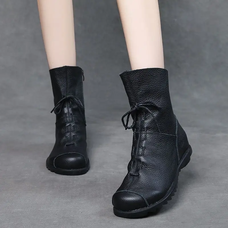 

2024 Leather Plush women's short Boots Retro Casual Autumn Winter Women Boots Waterproof warm Snow boots Plus Size 42