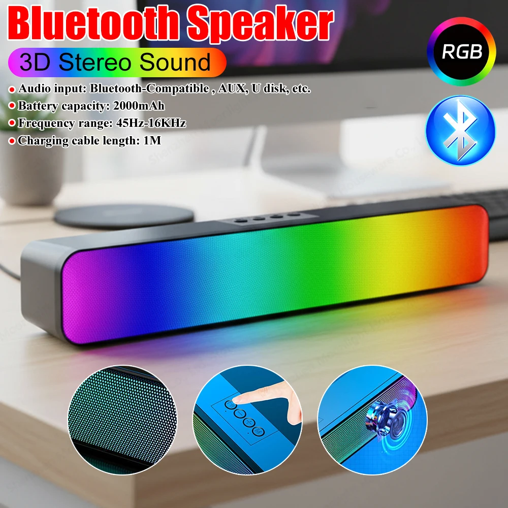 

Беспроводная колонка с RGB-подсветкой, совместимая с Bluetooth, 4 режима воспроизведения, двойной динамик, стерео-сабвуфер, мощный звук для ПК