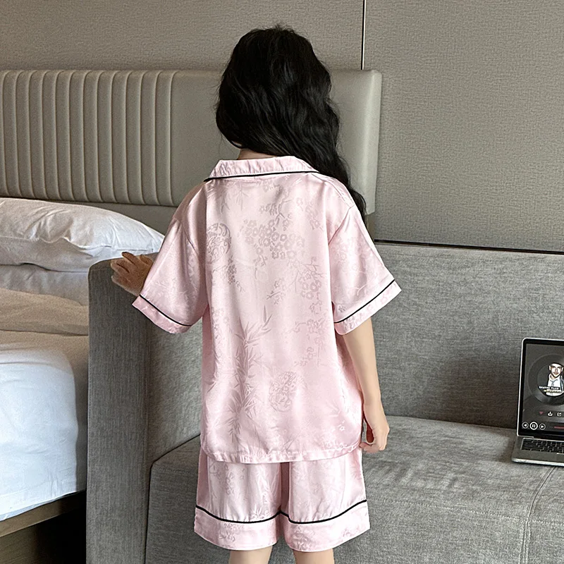 طفل الفتيات منامة مجموعات الاطفال زر أسفل ملابس خاصة طفل النوم مجموعة توين الفتيات بيجامة الأميرة الحرير ناعم ملابس خاصة حجم 4-14Y #3