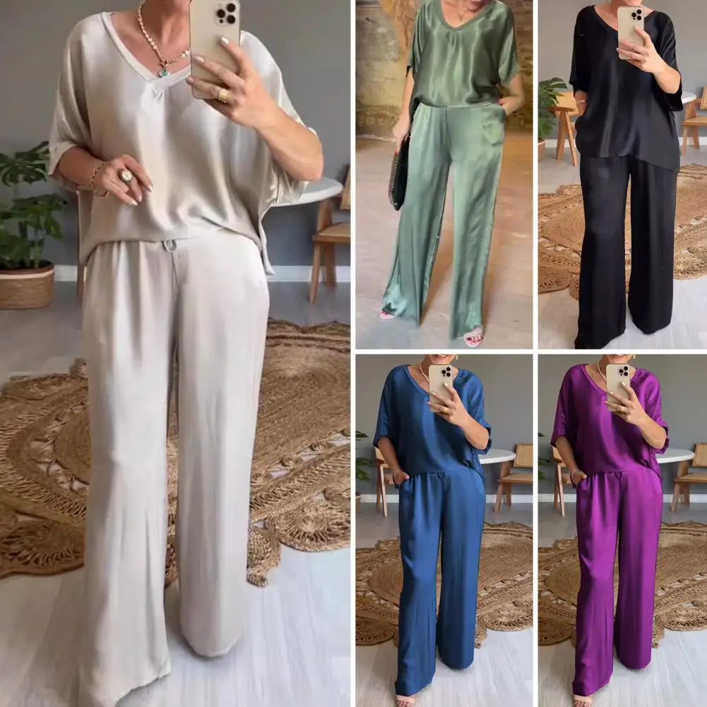 2 Pcs/Set Satin Outfit Women Top Pants Suit Blouse Shirt Solid Color DrawstringElastic Waist Wide Leg Loose Blouse Pants Set