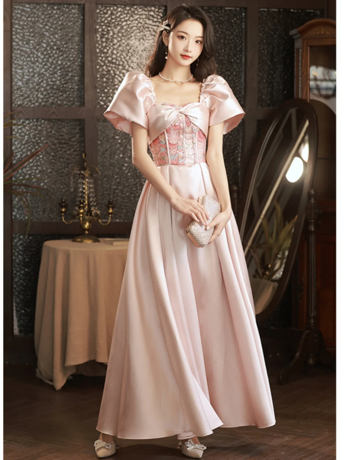 Pink Satin Evening Gown Square Neckline Sequins High Waisted A-line Long Gown Elegant Temperament Luxury Princess Dress 2024 New