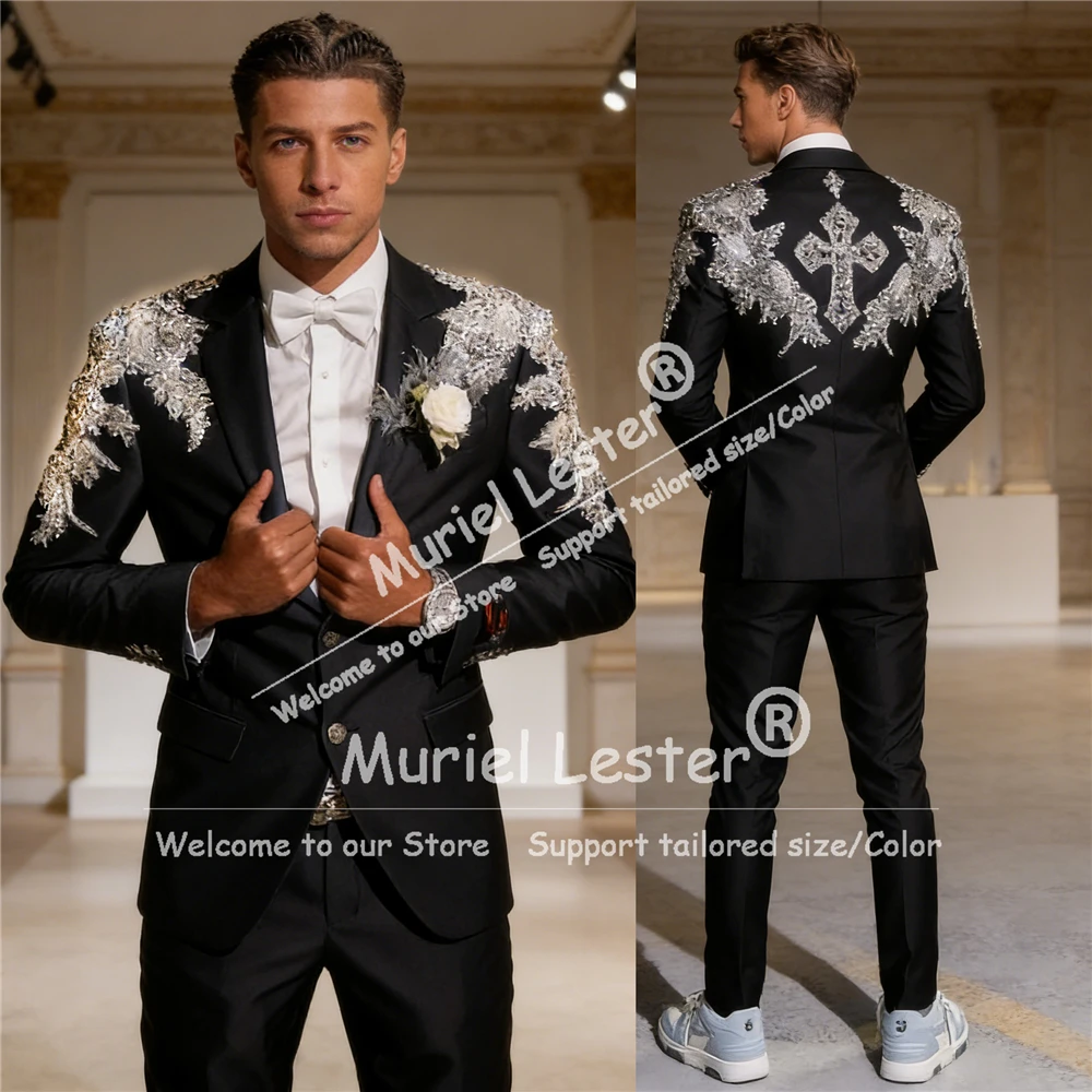 

Luxury Men's Suits 2 Piece Sets Beads Appliques Prom Blazers Pants Customized Groom Formal Wear Wedding Groom Tuxedo Ropa Hombre