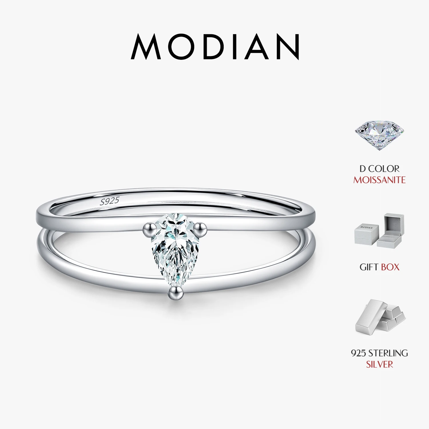 MODIAN D Color Water Drop Moissanite Rings 925 Sterling Sliver Minimalist Double Line Rings Finger Rings For Women Fine Jewelry