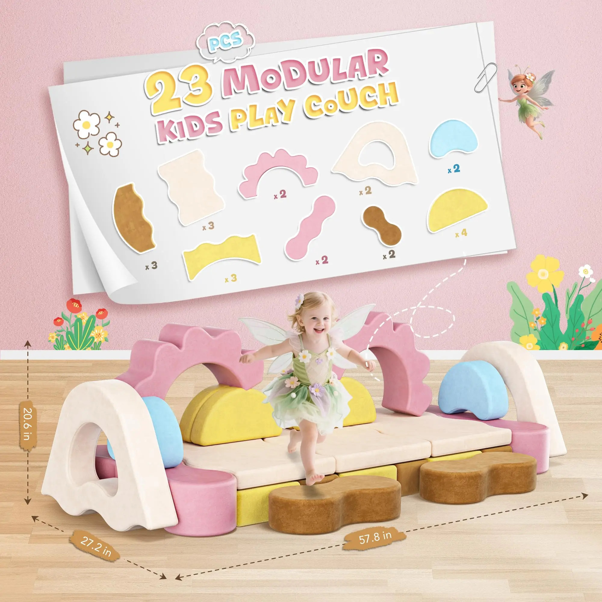 Gentle and playful 23pcs modular children's play sofa convertible foam sofa toddler playroom bedroom floral theme