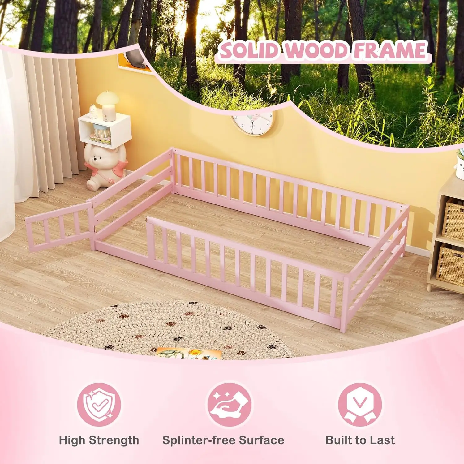 Lit double pour enfants avec garde-corps de sécurité, aucun sommier tapissier nécessaire, rose