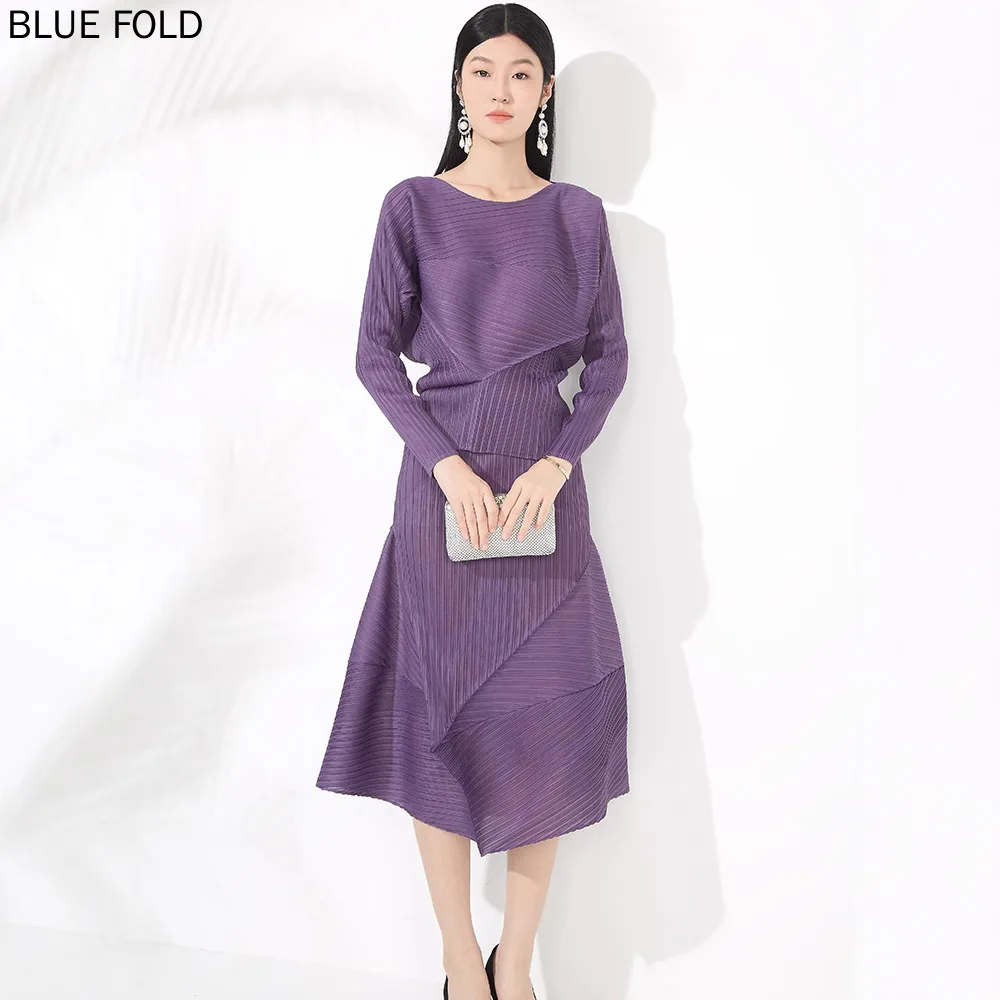 

1 Piece Pleated Folded Round Neck Garment Sleeves Top Summer New Casual Irregular Skirt Solid Color Two-piece Set Female MIYAKE