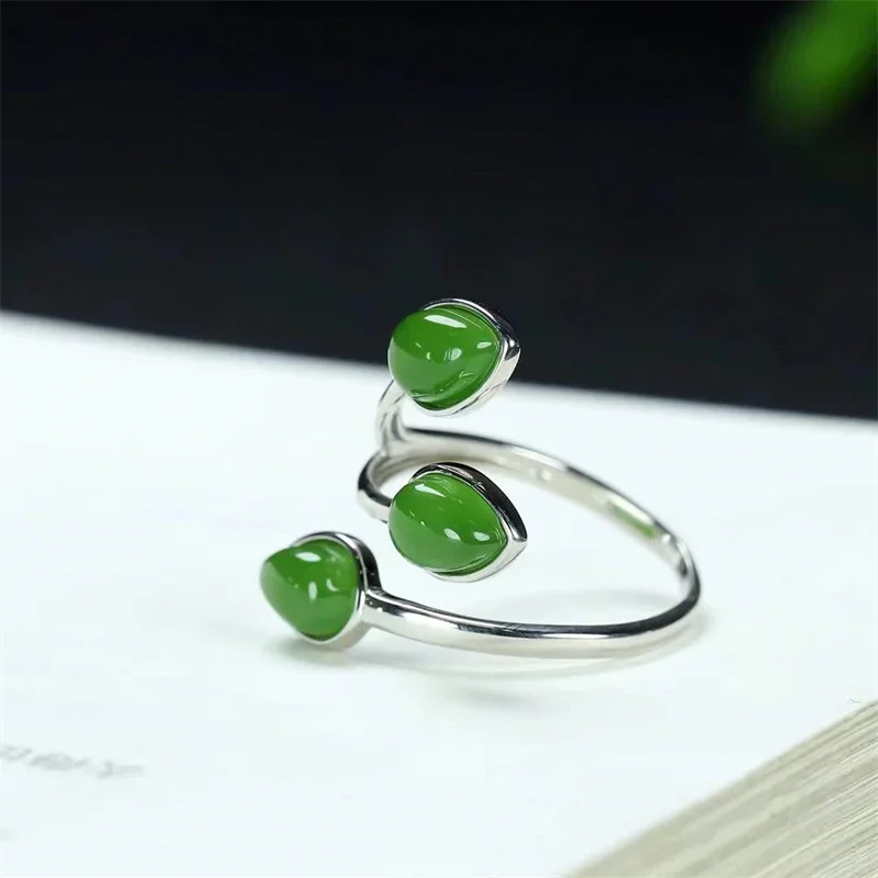 Hot Selling Natural Hand-carved 925 Silver Gufajin Inlaid Jade Water Droplets  Ring Fashion Jewelry Men Women Luck Gifts