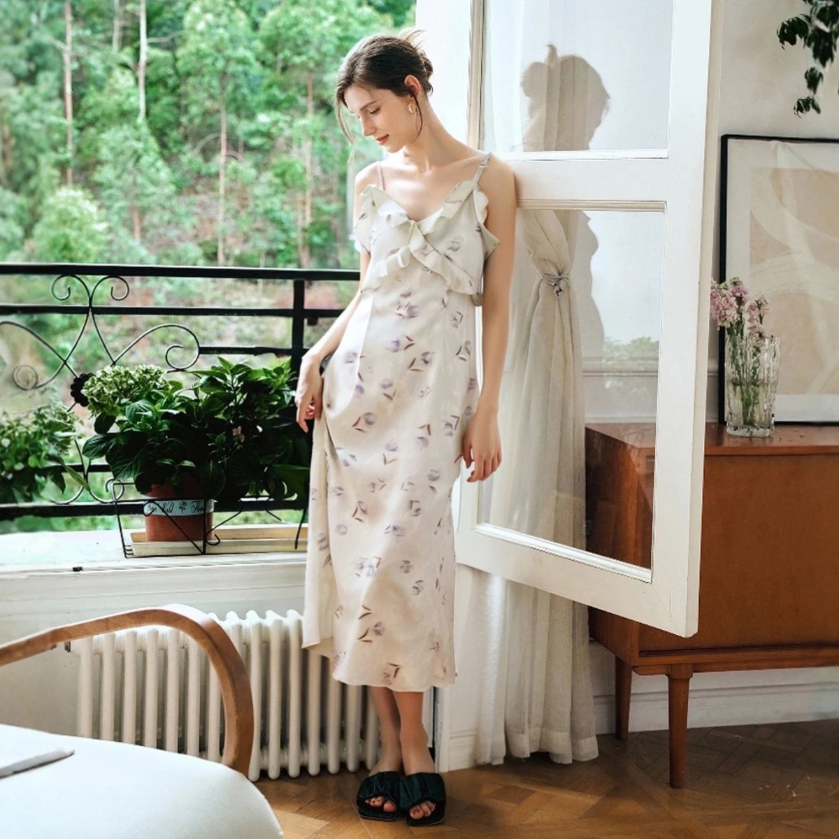 OLrain Vacanza Estiva Vacanza Volant Camis Dress Ladies Elegante Polka Dot Stampa Abiti Lunghi 2025 Vestiti Donna O57XL89198