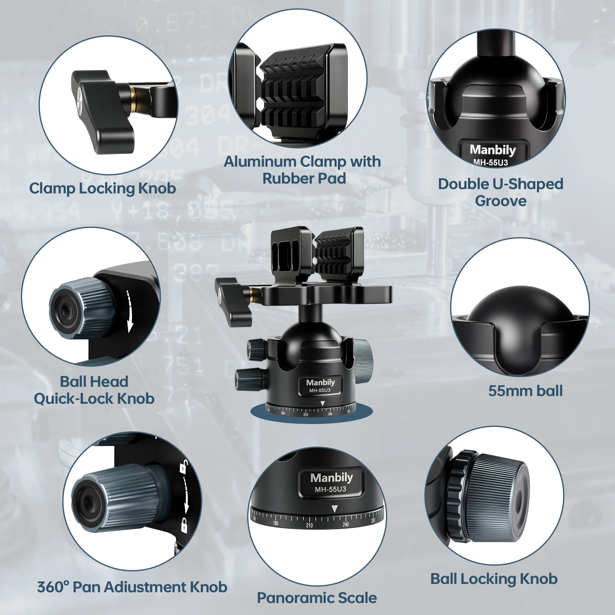 Manbily MH-55U3 55mm Low Profile Ball Head For Hunting Full CNC Tripod Monopod Head with Picatinny Arca Swiss Max Load 66lb/30kg