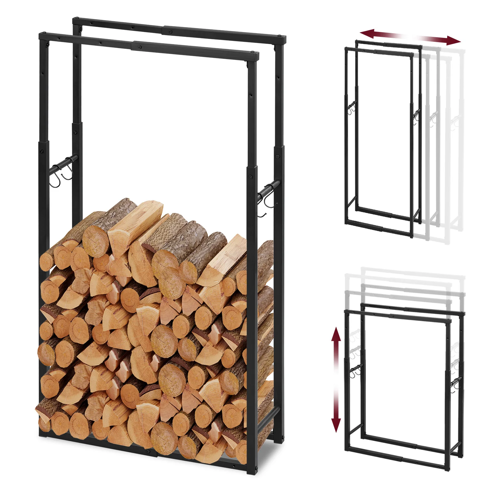 EUGAD Holzregalhalterungen für Innen- und Außenkamine, Metall, 9 Größen, verstellbares Brennholzregal, Holzlagerregal mit 4 Haken