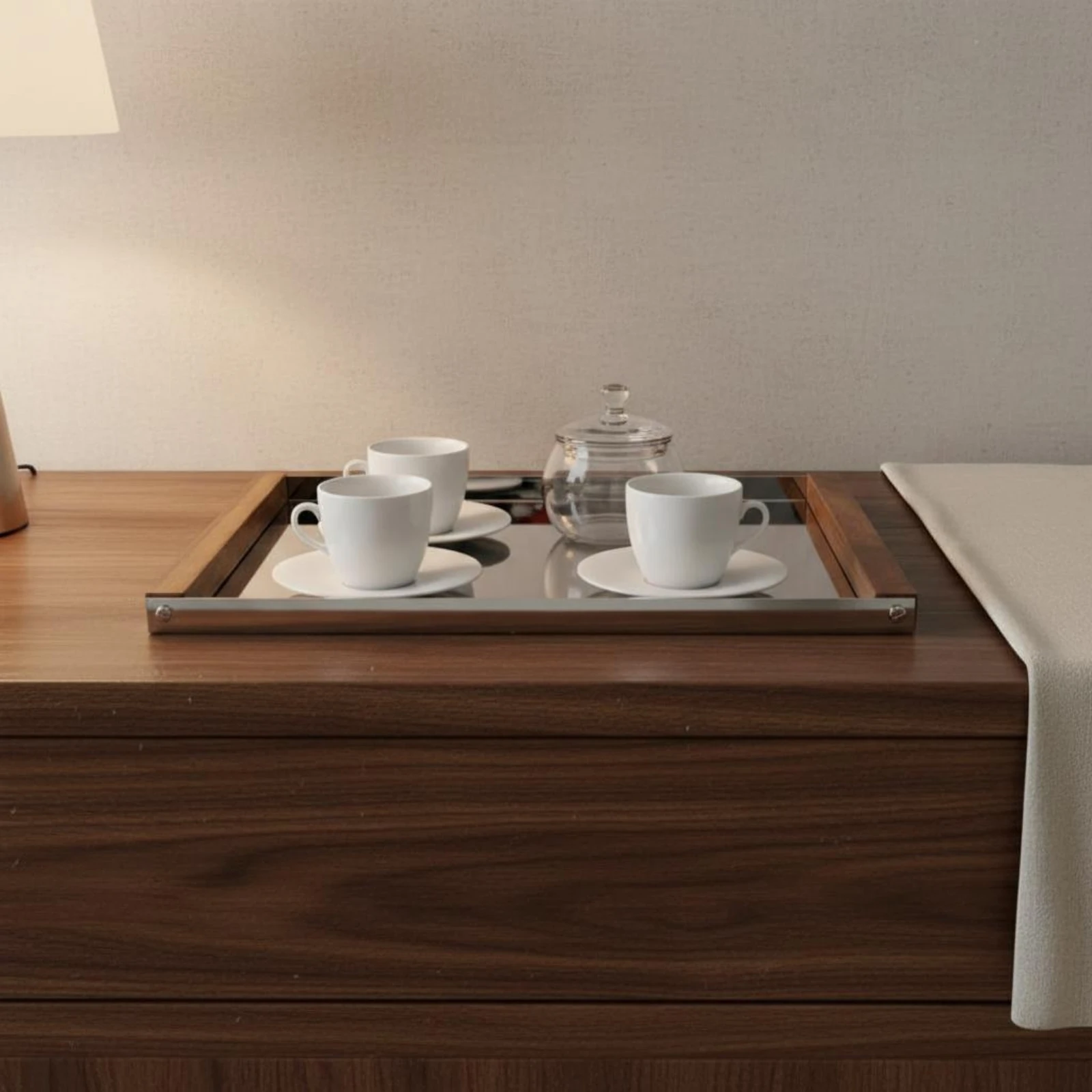 Silver Tray with Wood Handles Modern Minimalist Geometric Metal Tray Tabletop Decor Scratch-Resistant Large Size