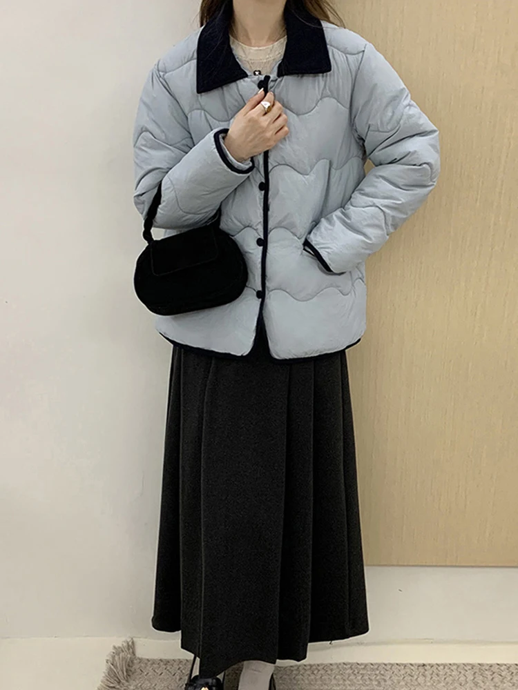 2024 Women Turn-Down Collar Patchwork Single Breasted Cotton Coat Winter Fashion Age Reduction Pocket Design Sense Warm Coats