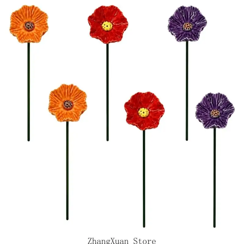 Outdoor Ceramic Flower Garden Stake with Metal Pick and Shallow Water Dish for Yard Use in Container Garden Zones 3XUF