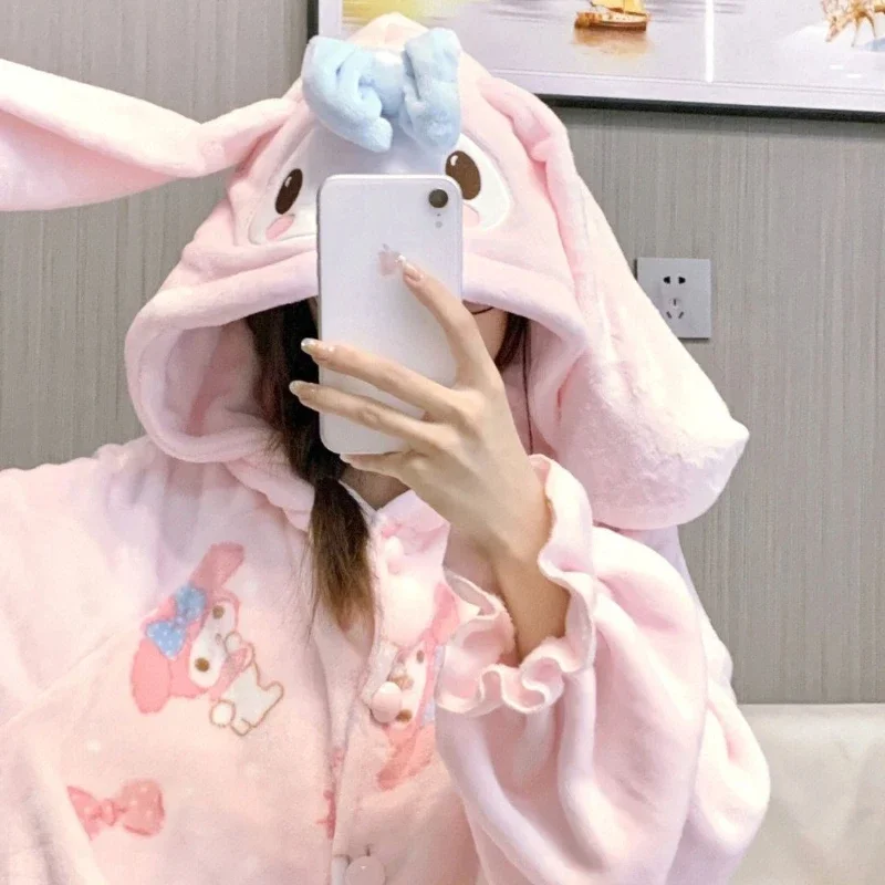 Sanrios My Melody Anime Kawaii Cute Coral Fleece Pajamas Women Winter Thickened Plush Hooded Home Nightwear Christmas Gifts