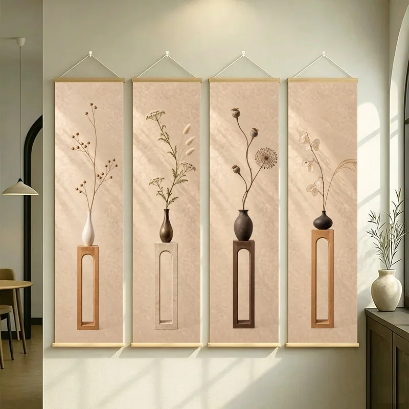 Botanical Wall Art 4-Panel Dried Wildflower Vase Hanging Scroll Set on Beige Silver Shimmer Canvas for Neutral Home Decor