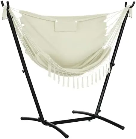 Patio Hammock Chair with Stand Side Pocket Headrest Cream White | Outdoor, Hammock Swing, Hanging Lounge Chair