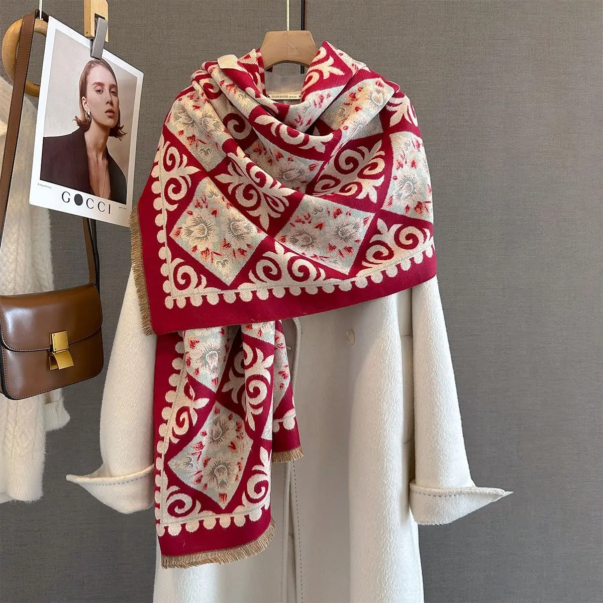 Elegance Two-Sided Print Scarf For Women Soft Warm Pashmina Taessl Shawl Autumn Winter Outdoor Coldproof Windproof Blanket