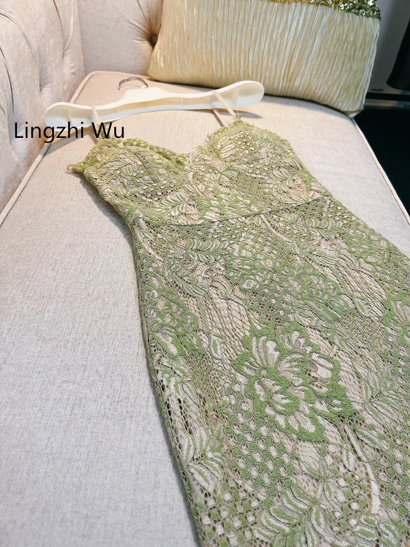 

Lingzhi Wu French Elegant Green Lace Dress Spaghetti Strap Dresses Female Elegant Design Party Formal Vestidos Bud New Arrival