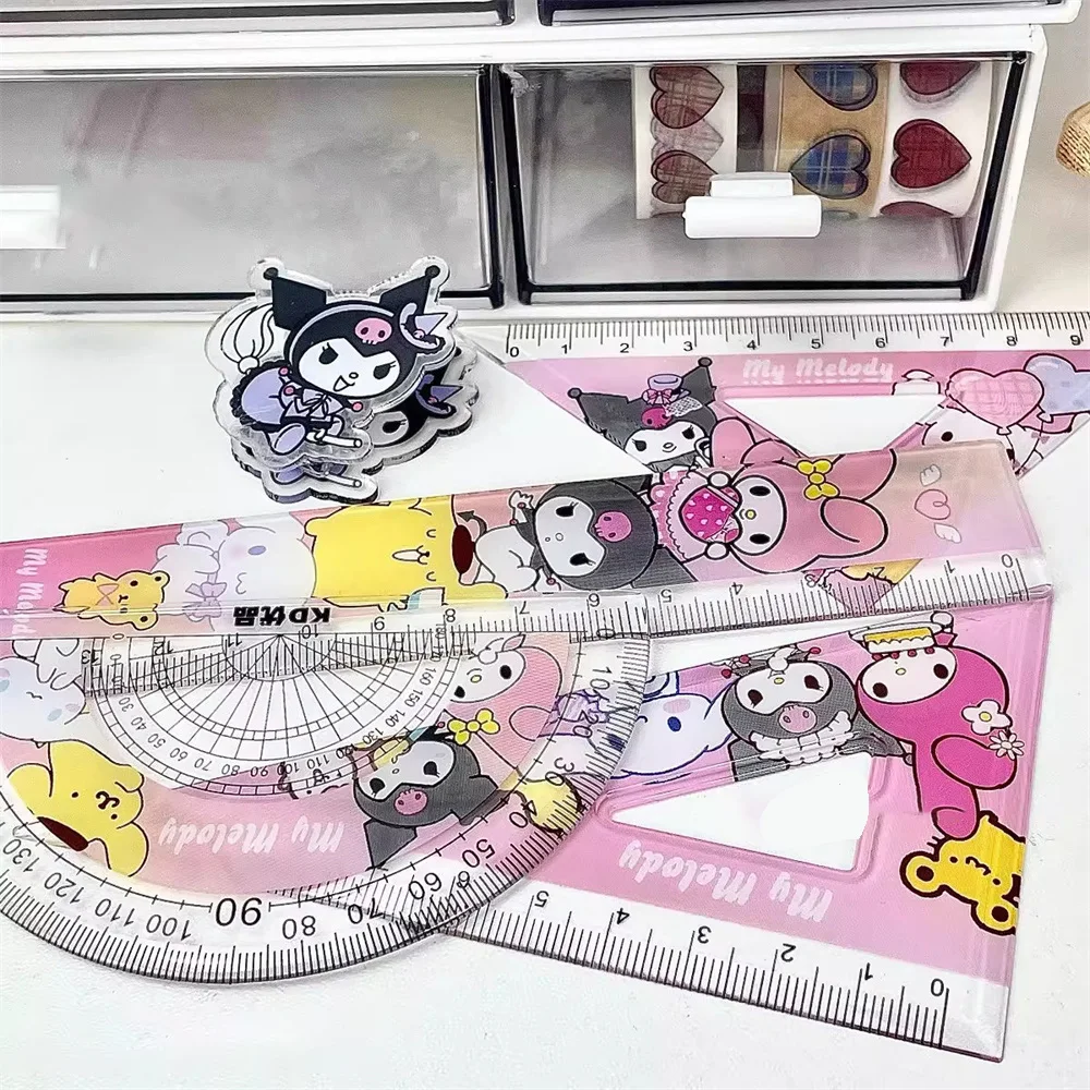 4pcs/Set PVC Cartoon Cute Kuromi Melody Triangle Ruler Straightening Set Students Office Stationery Kid Measurement Drawing Gift