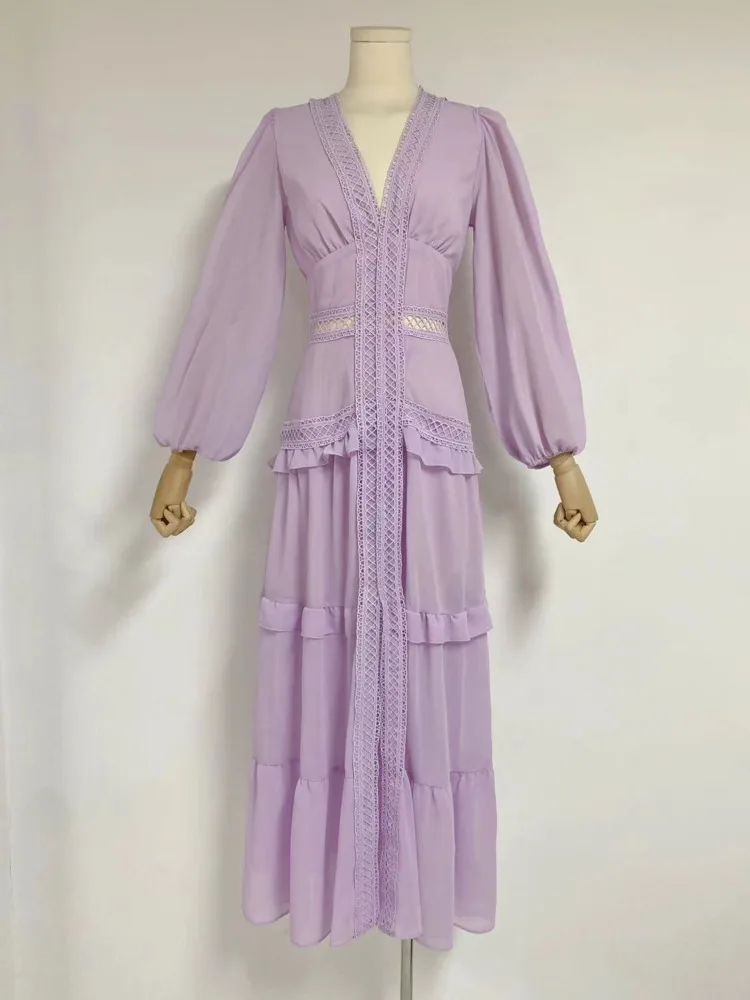LGRQ abito da donna in Chiffon con scollo a v moda scollo a v vita scava fuori pizzo Patchwork maglia prospettiva abiti 2024 estate nuovo 19 zz517