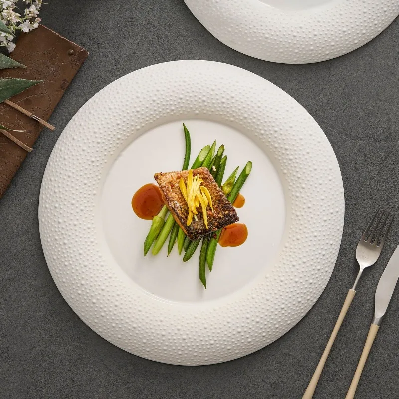 Creative Irregular White Speckled Ceramic Dinner Plate Large Simple Ceramic Steak Plate Restaurant Round Dessert Plate Exquisite
