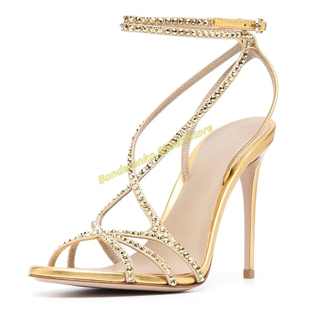 Gold Strappy Rhinestone Sandals Open Toe Thin High Heel Fashion 2024 Summer Women Dress Sandals Handmade Cross Strap Shoes