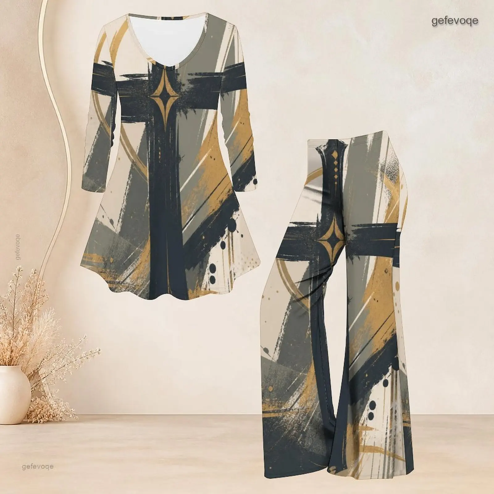 Women Pants Set with Print Round Neck Three Quarter Sleeve Flared Top Flared Pants Two Piece