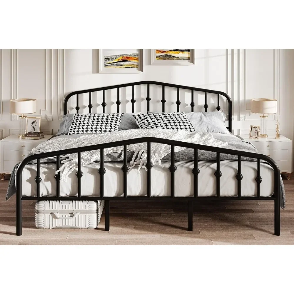 Bed Frame with Vintage Style Wrought Iron Headboard and Footboard, Easy Assembly, Metal Platform Bed Frame，No Box Spring Needed