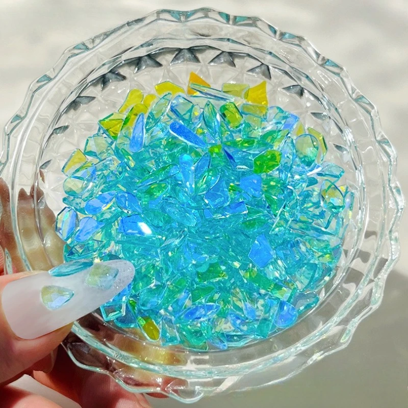 반짝 이는 얼음 투명한 플랫 바닥 불규칙한 지르콘 기하학 블루 그린 라인 석 하트 네일 아트 장식 액세서리 도구