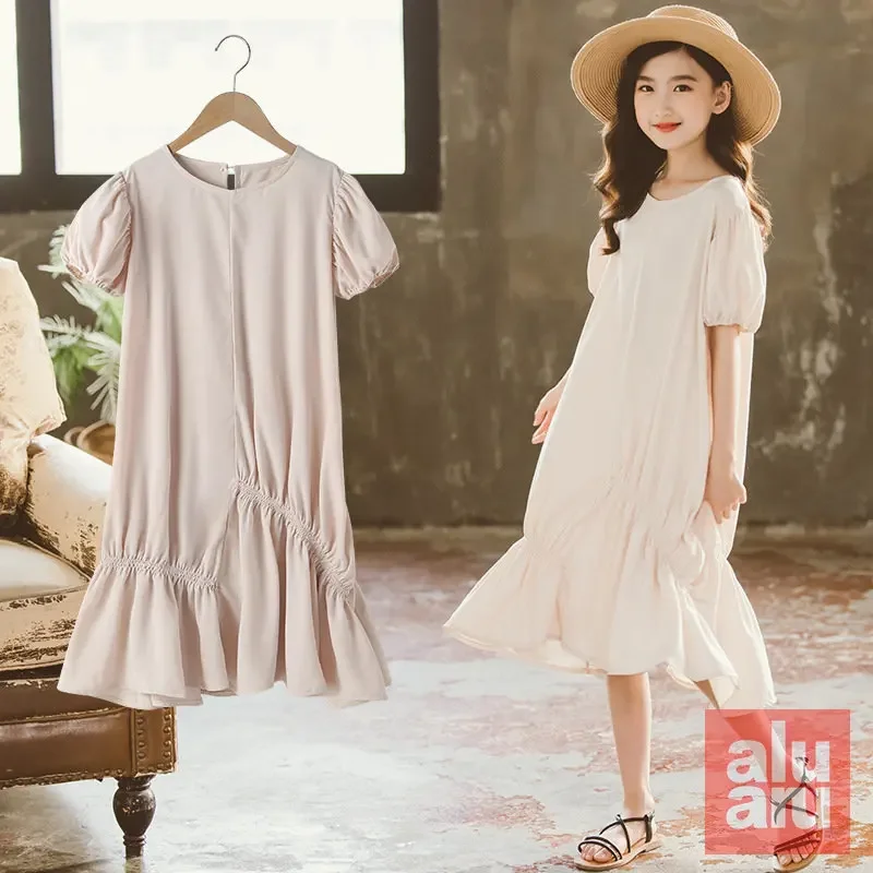 

Summer New Solid Color Spot Girl Dress Short Sleeve Fashion Fan Korean Version of Shrunky Skirt Large Child Skirt