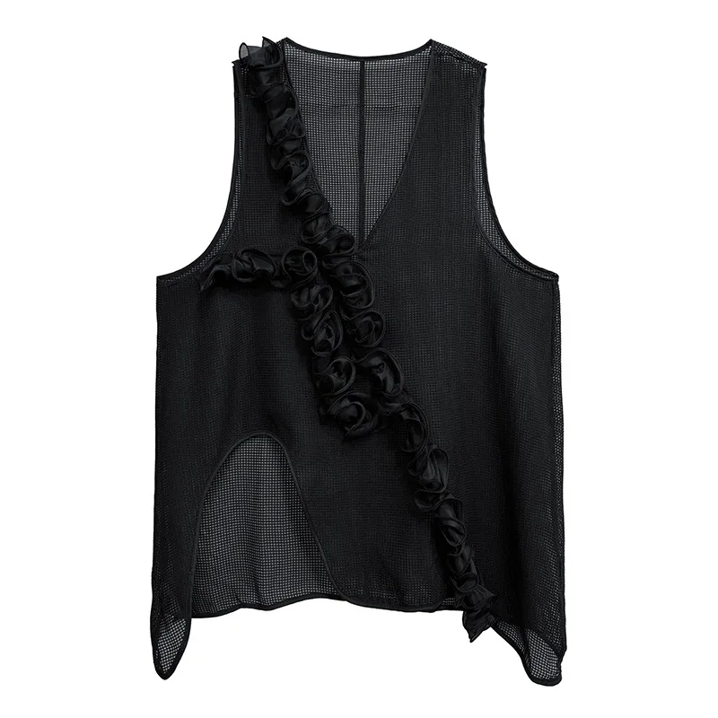 Tannt 女性コート不規則な花パッチワーク中空アウトノースリーブベストコート非対称ファッションルーズ黒人女性オーバーコート 2025