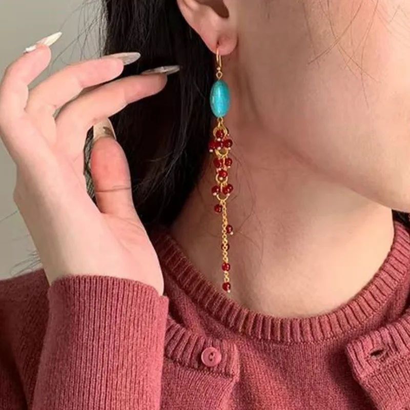 Garnet red beaded earrings, oval blue turquoise red grape long fringed earrings, medieval earrings, square round face women