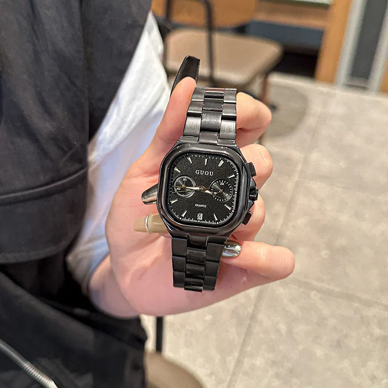 ساعة كوارتز مربعة أنيقة وأنيقة مع تقويم، للجنسين، ساعة رجالية ونسائية، ساعة زوجية فاخرة.