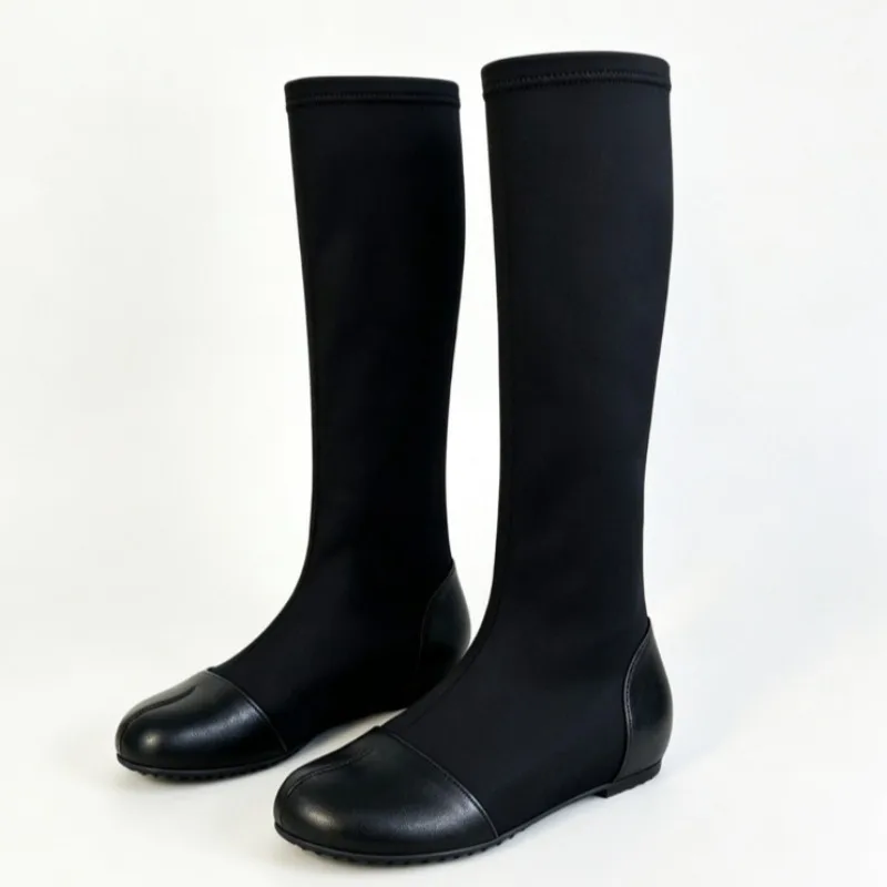 New Black Spliced RoundToe Mid-calf Boots Women Fall/Winter Flat Stretch Sock Boots Comfortable Non-Slip Modern High Flat Boots