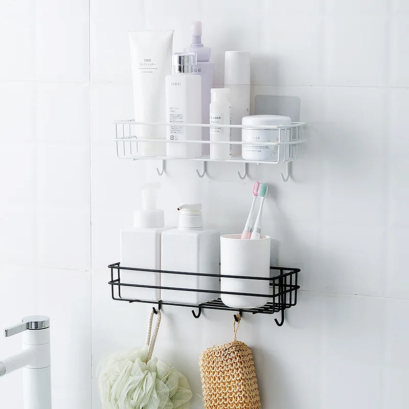 Shower Wall Shelf Punch Free Shower Shelf Black White Storage Suction Basket Storage Rack Kitchen Bathroom Accessories MJ