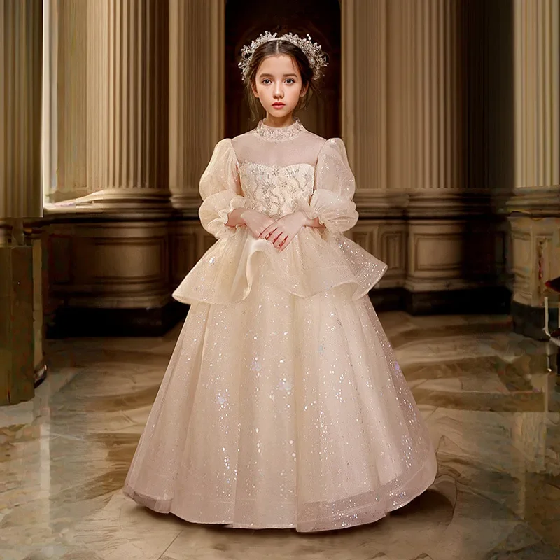 Girls Elegant Dresses Luxury Long Sleeves Princess Dress Wedding Bridesmaid Tulle Children Clothing Teenager Gala Costume ﻿