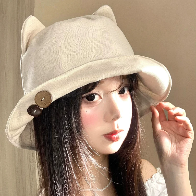 Cute Cat Ears Button Bucket Hats for Women Spring and Summer Travel Sun Protection Versatile Show Face Small Sweet Basin Cap