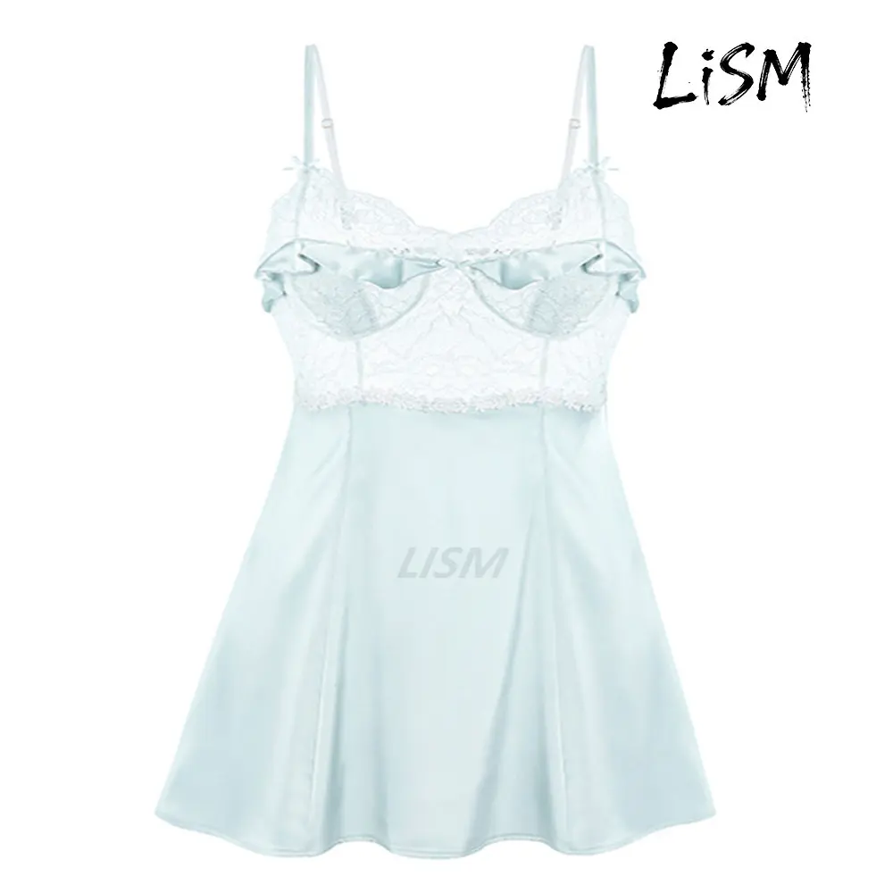 ‌LISM Women's Ice Blue Lace Camisole Nightdress , Backless Sexy Sleepwear, Pure Desire Style Nightgown for Ladies