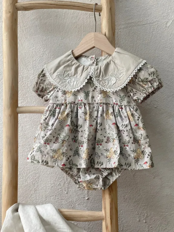 2026 Summer New Baby Girl Short Sleeve Floral Bodysuit Dress Cute Infant Girl Large Lapel Jumpsuit Cotton Newborn Clothes 0-24M