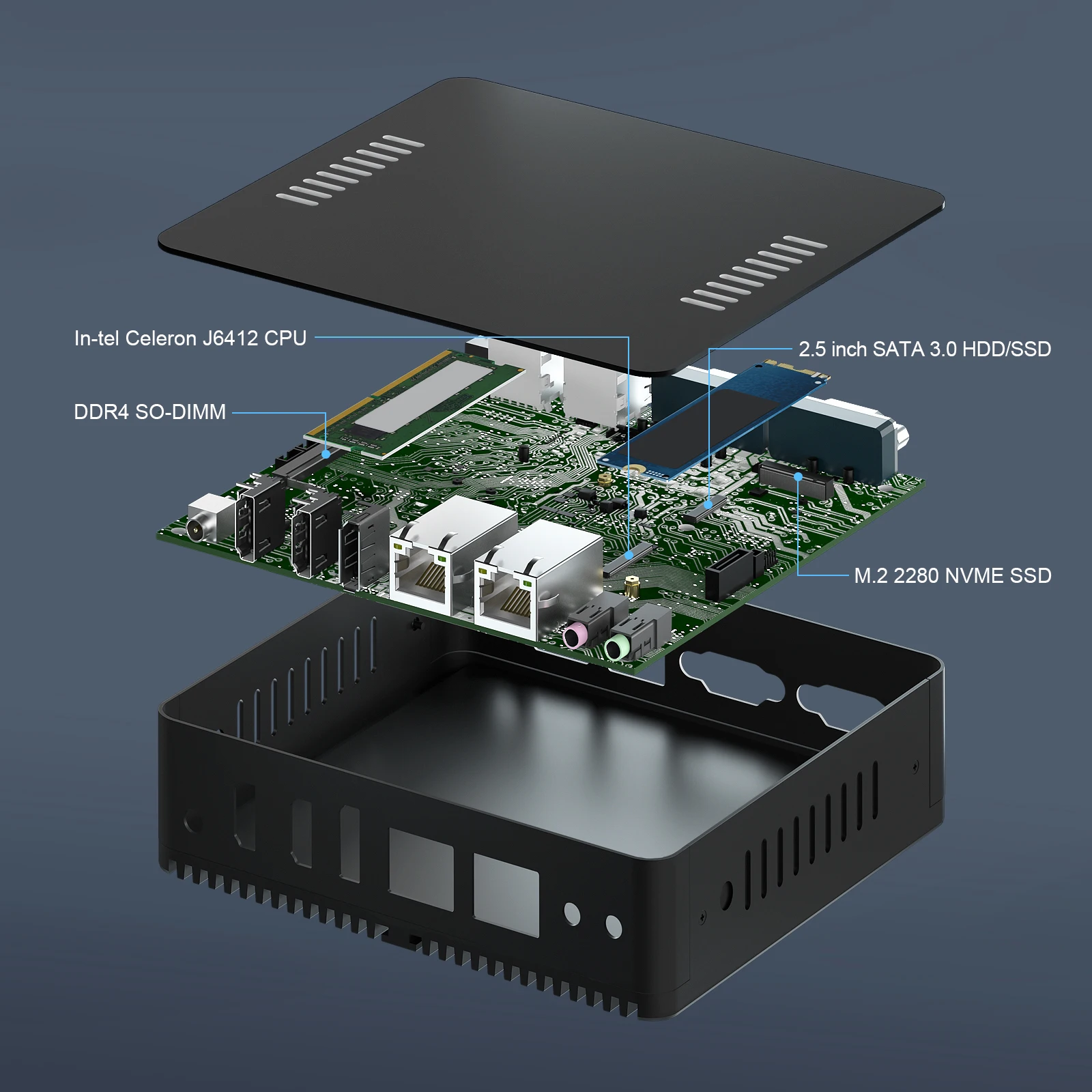 Celeron J6412 Mini PC Sin ventilador, ordenador de escritorio Industrial Lan Dual, soporte HYSTOU, Windows 11, Intel®Gráficos UHD