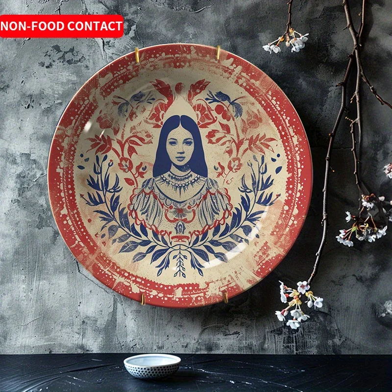 1pc Vintage European Hand-Painted Ceramic Decorative Plate - Elegant Woman with Blue Hair & Floral Design, Non-Food Contact