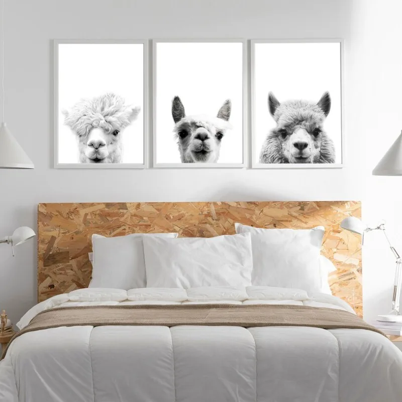 Black and White Alpaca Llama Farm Animals Poster Canvas Painting Minimalist Wall Art Print Picture for Living Room Home Decor