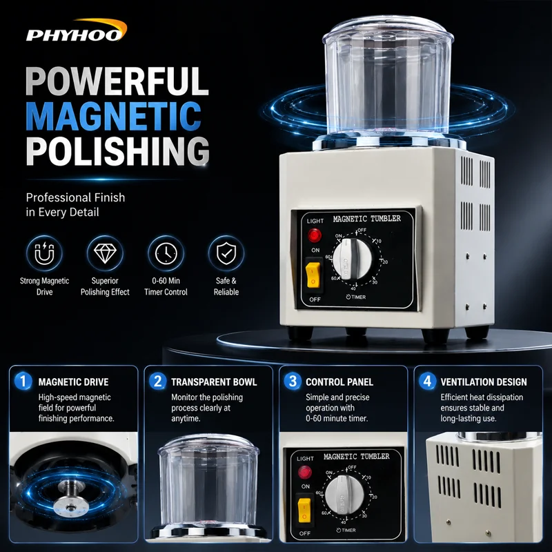 PHYHOO Magnetic Tumbler Jewelry Polishing Machine 3KG Deburring Finishing Equipment Gold Silver Metal Parts Cleaner 2800RPM 2027