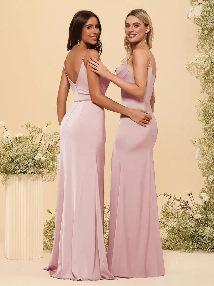 QueensLove Bridesmaid Dress High Split Evening Prom Dress Backless Satin Party Dress A-Line Spaghetti Customized