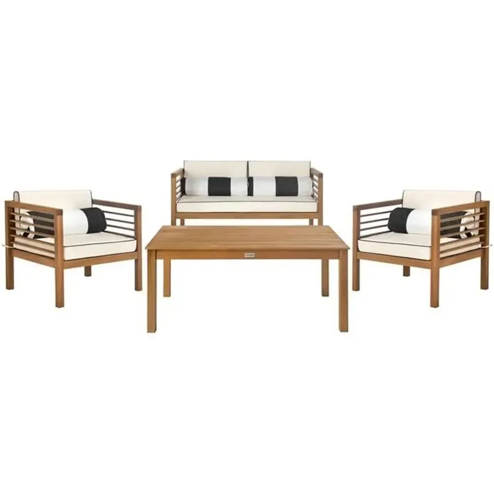Natural Beige Cushions and Striped Bolster Pillows 4-Piece Patio Furniture Set