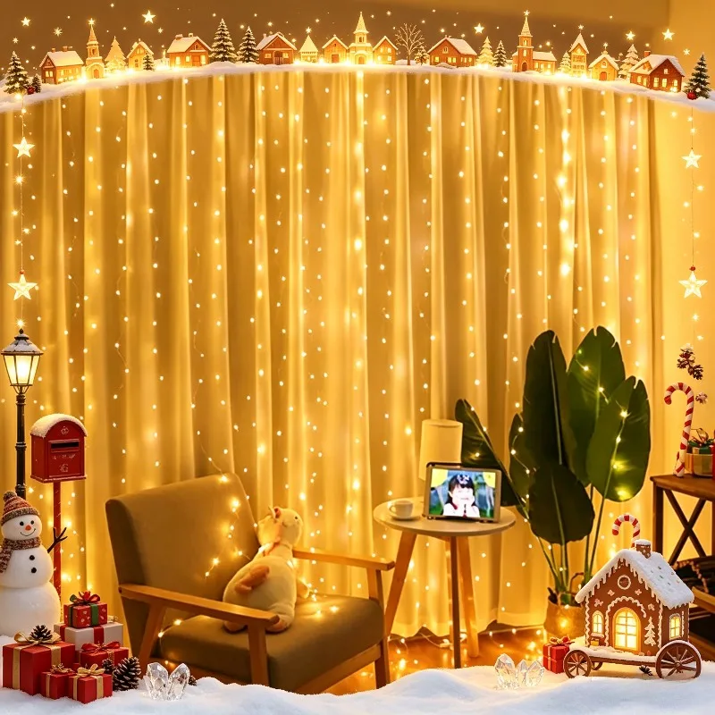 2026 USB LED Curtain String Lights 2026 New Year Christmas Tree Decor Garland for Home Party Indoor Outdoor Festive Lamp