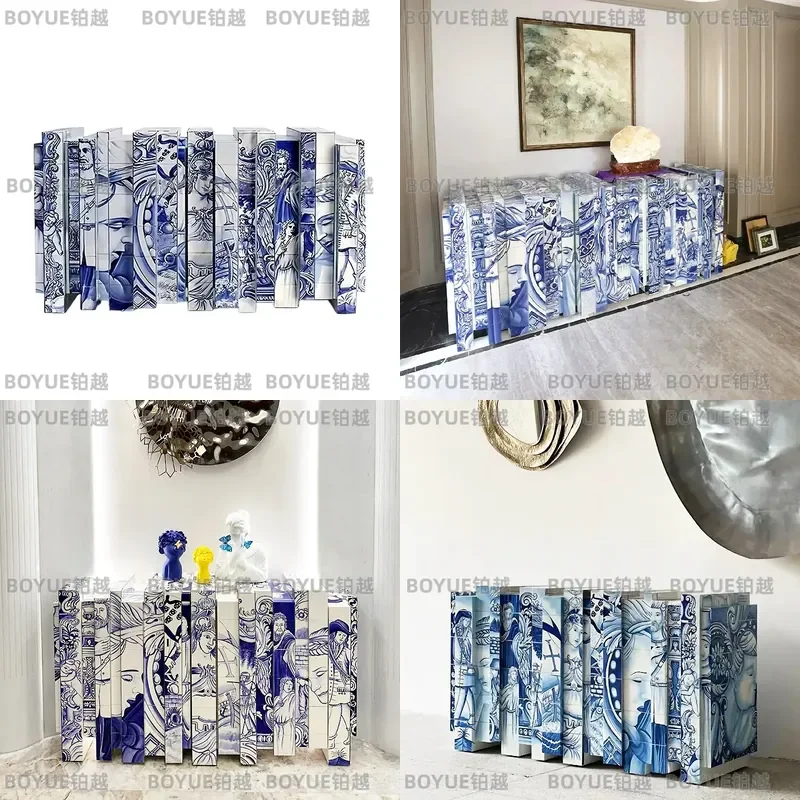 Hand Painted Solid Wood Sideboard Blue White Porcelain Style Entryway Cabinet Dining Room Storage Console Table Foyer