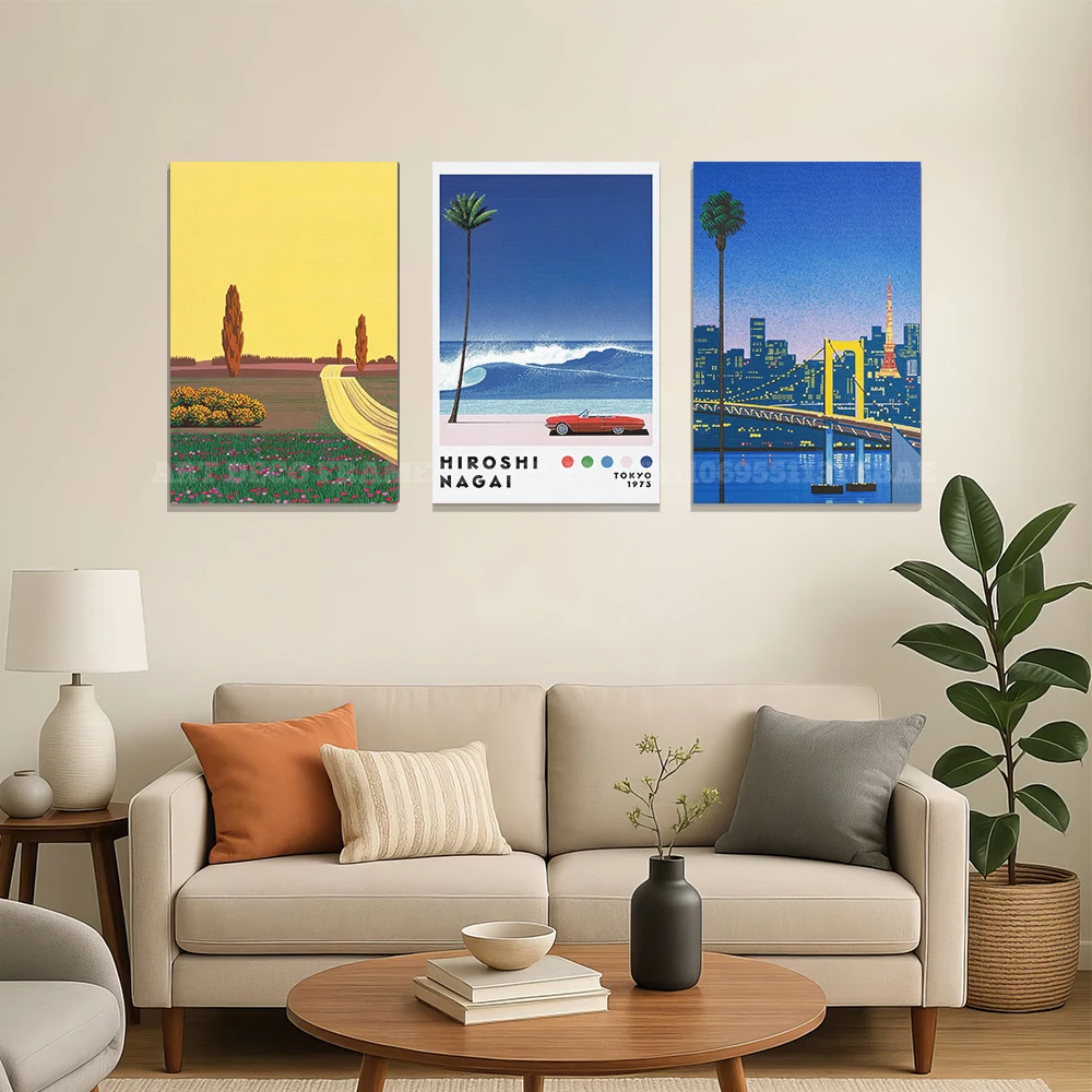 Vintage Hiroshi Nagai Retro Landscape Unframed Canvas Wall Art 80s Japanese Pop Art City Beach Scenery Poster for Home Decor